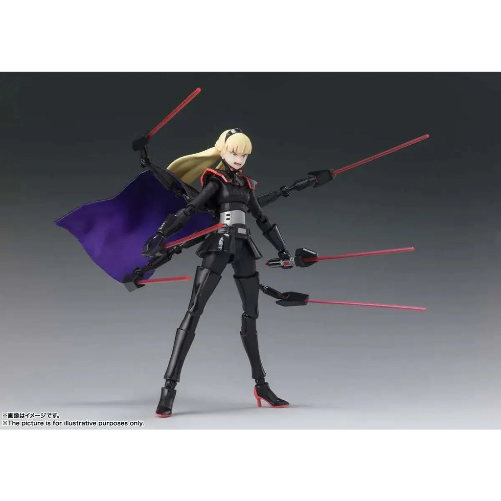 Star Wars Vision AM SH Figuarts actionfigur i svart och röd rustning med blont hår, lila mantel och lysande rosa lasersvärd