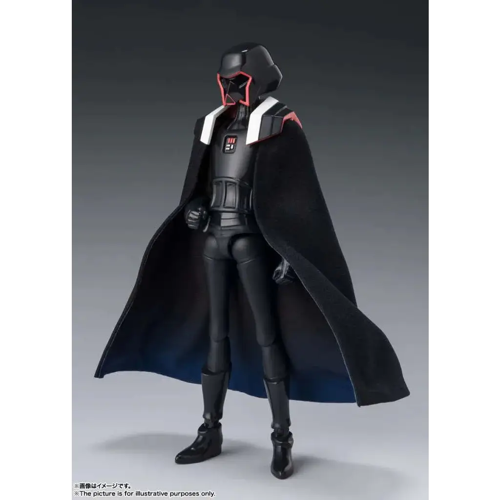 Svart rustad figur med röd accentuerad hjälm och mantel, liknande Darth Vader, Star Wars Vision Karre SH Figuarts
