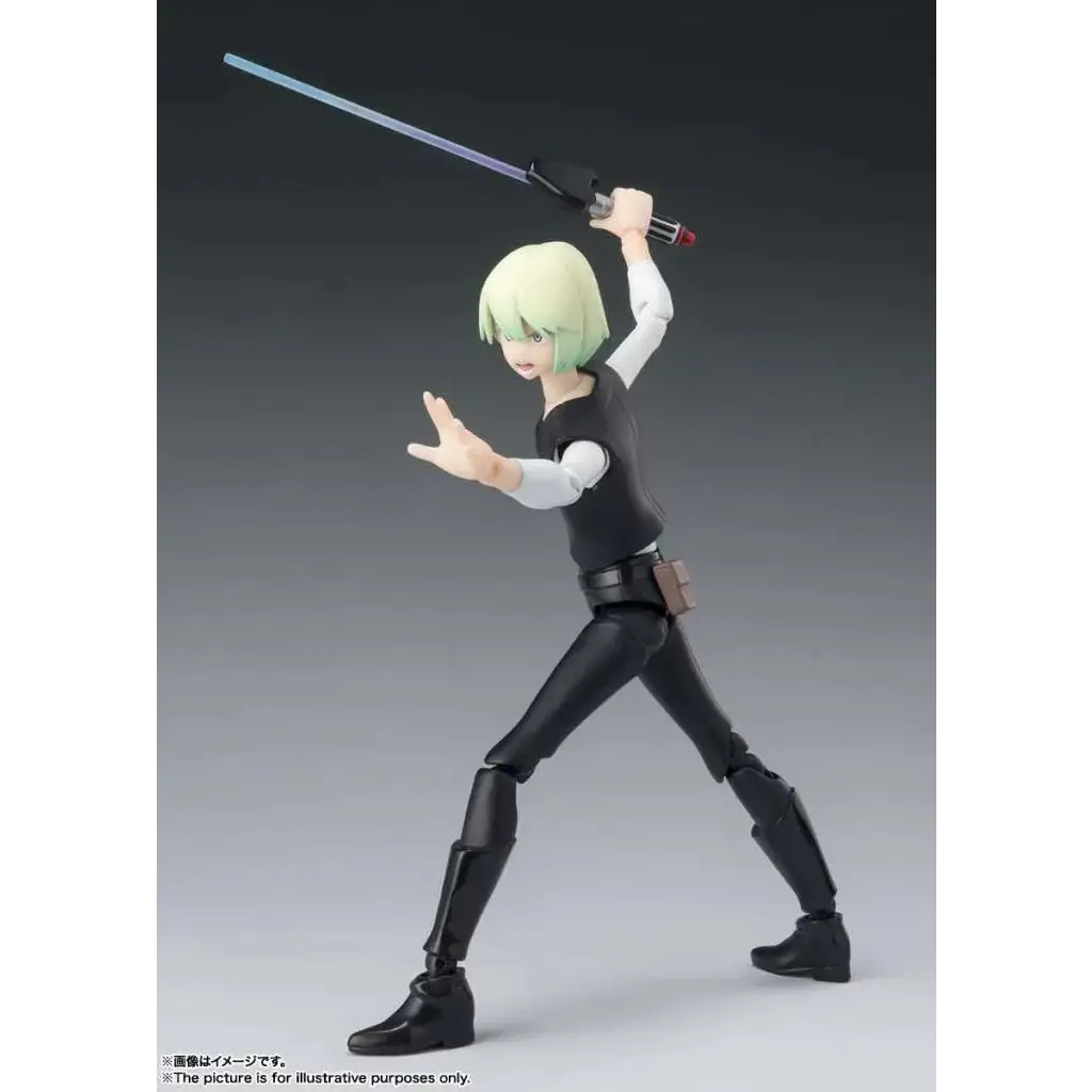 Svartvit Star Wars Visions Karre SH Figuarts actionfigur med grönt hår och blå ljussabel