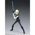 Svartvit Star Wars Vision Karre SH Figuarts-actionfigur med blondt hår i dynamisk pose, håller blått lightsaber