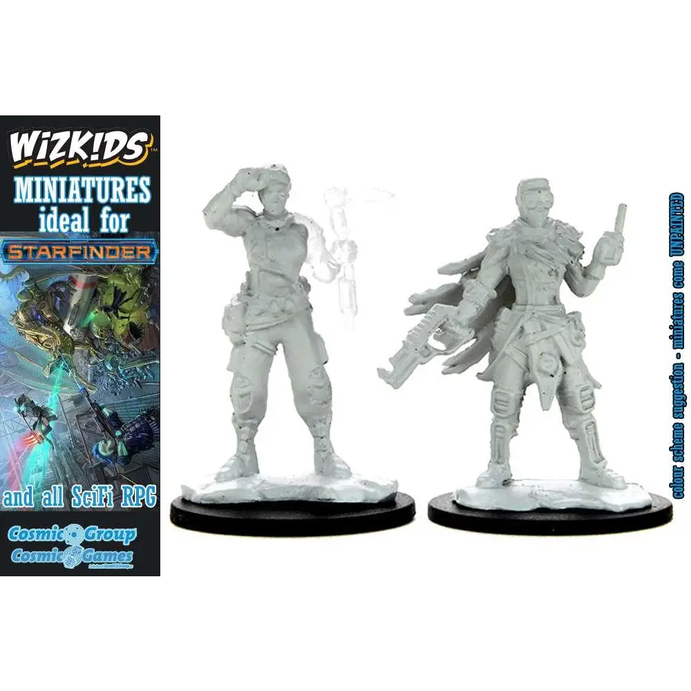 Två omålade Starfinder Deephcuts miniatyrer: mänsklig mekaniker med vapen
