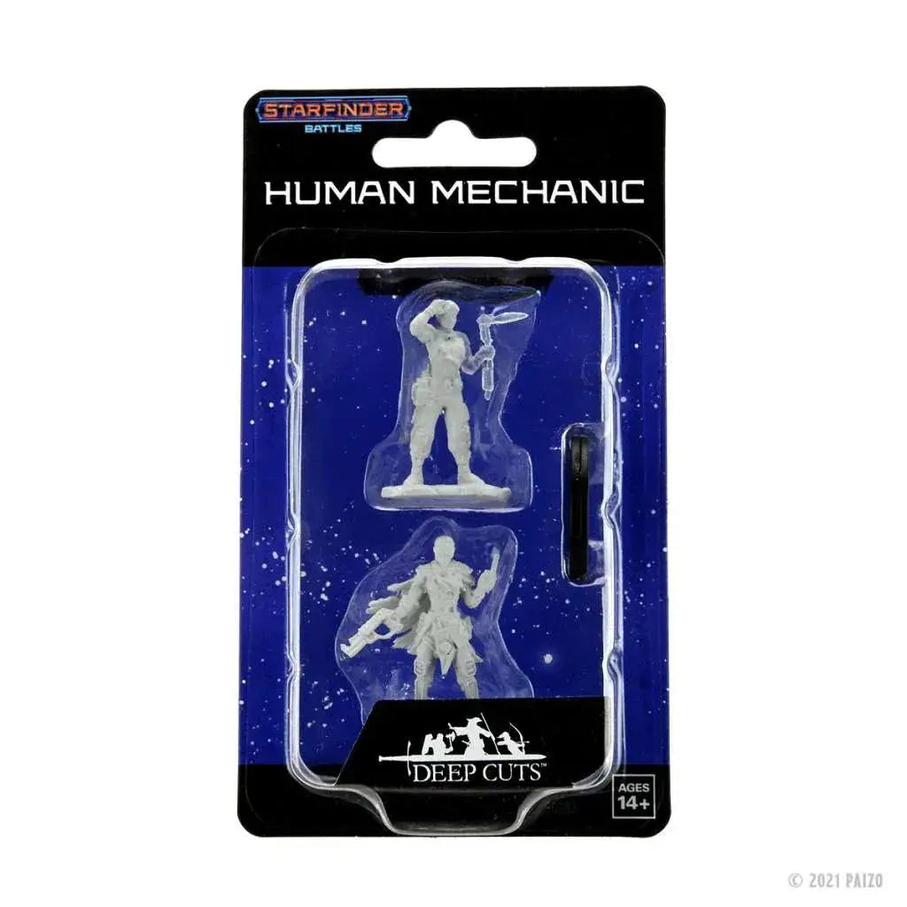 Vit plast Starfinder-miniature: mänsklig mekaniker i blisterförpackning