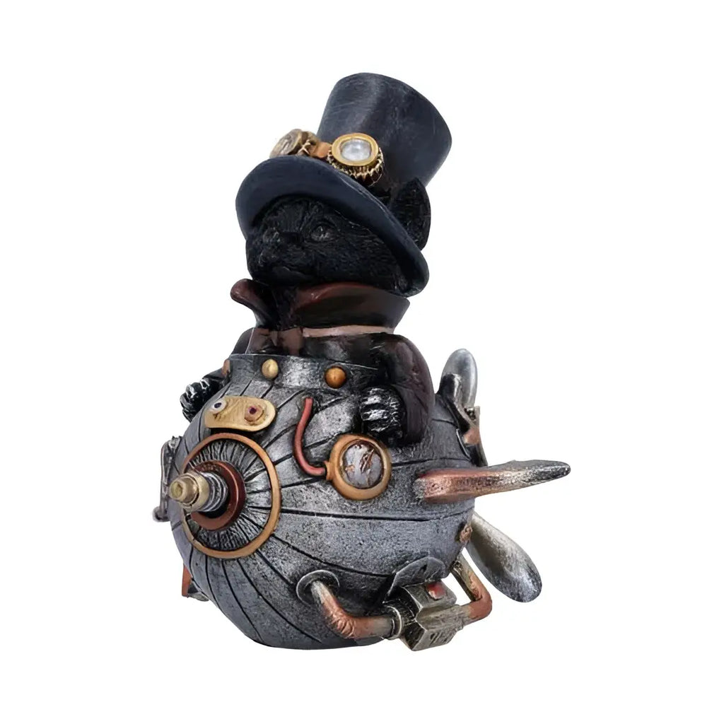 Steampunk kattfigur med svart katt i topp-hatt och glasögon, metallkuggar och mässing