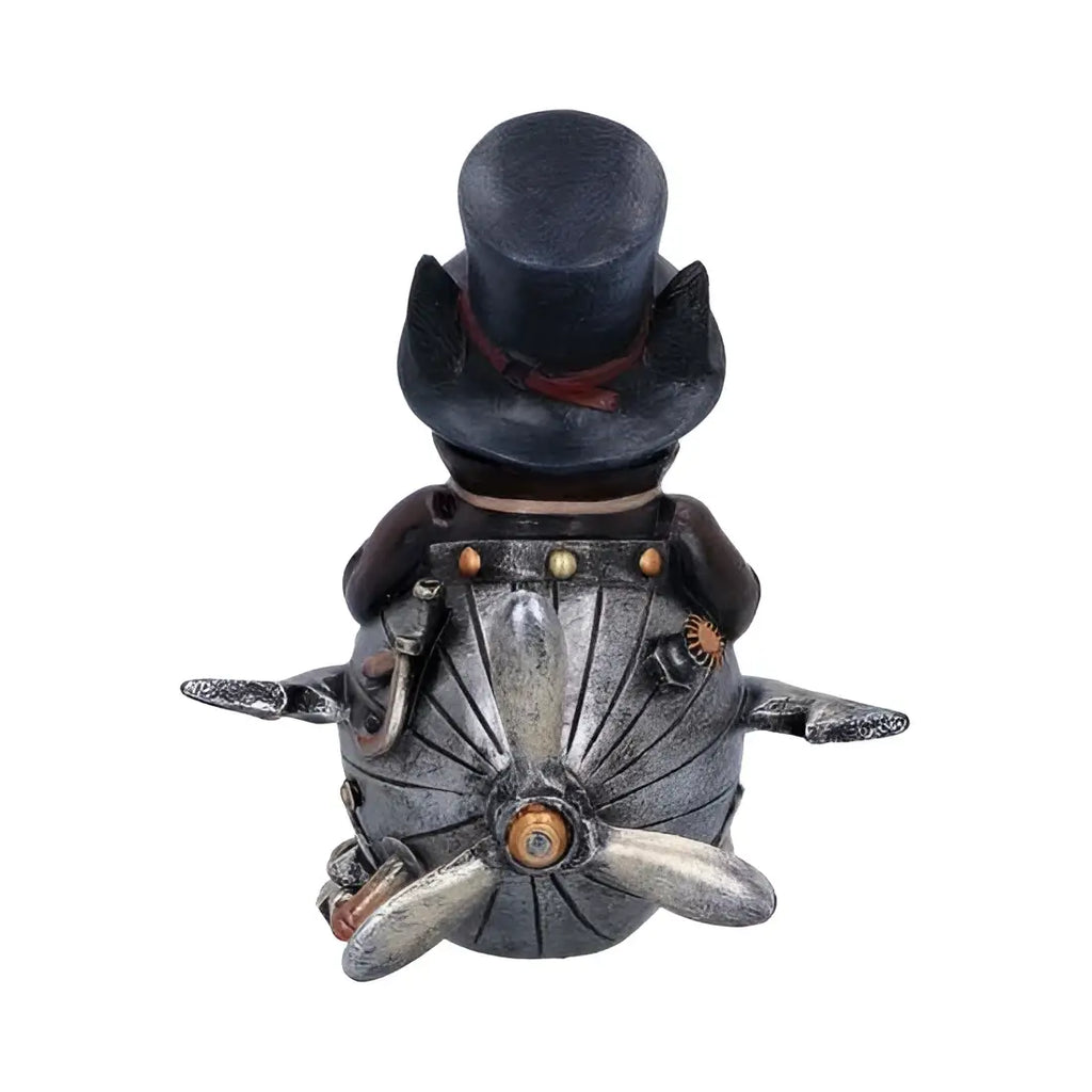 Steampunk kattfigur i svart topphatt på metallisk luftskepp med mässing