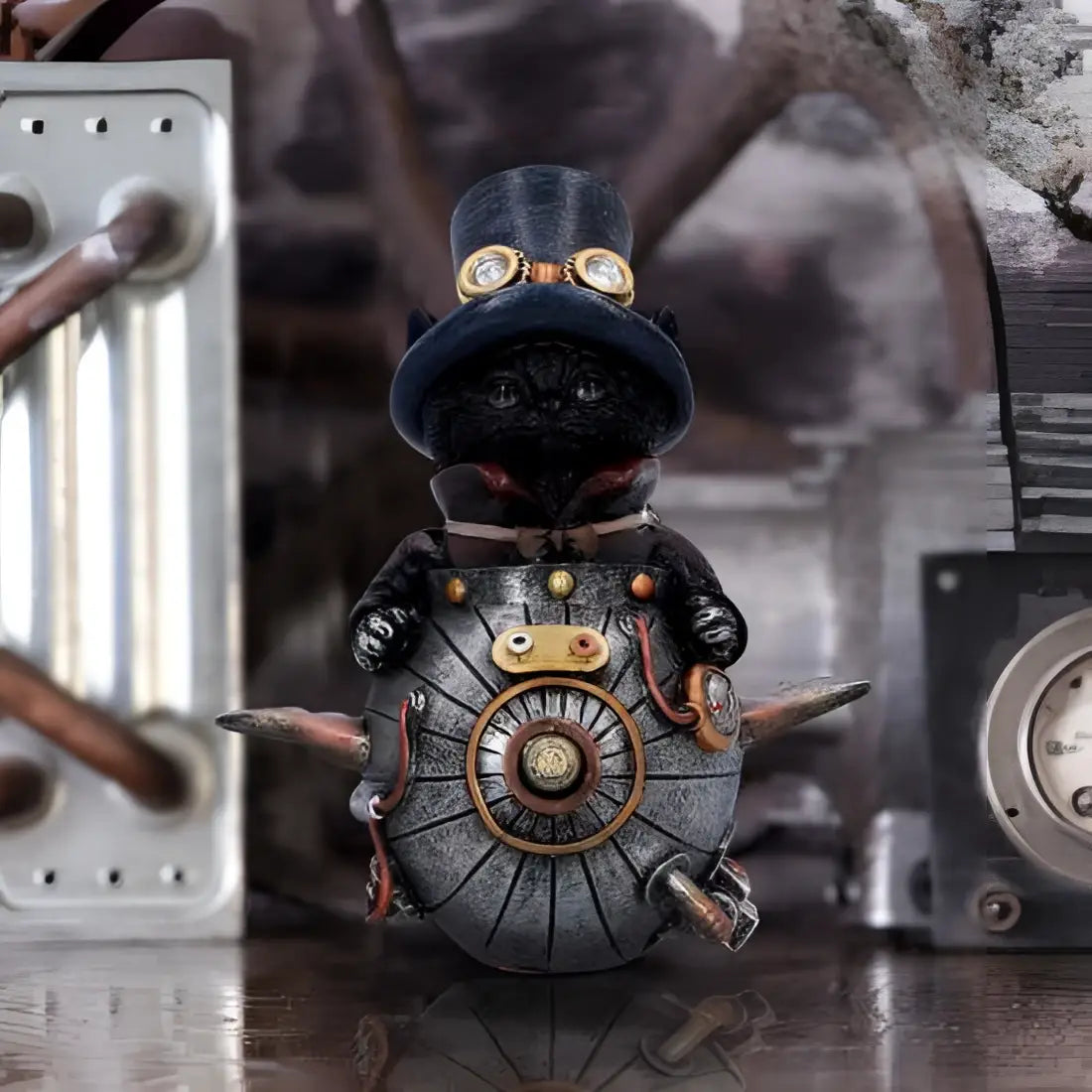 Steampunk kattfigur med svart katt i topp-hatt och glasögon på metallbas