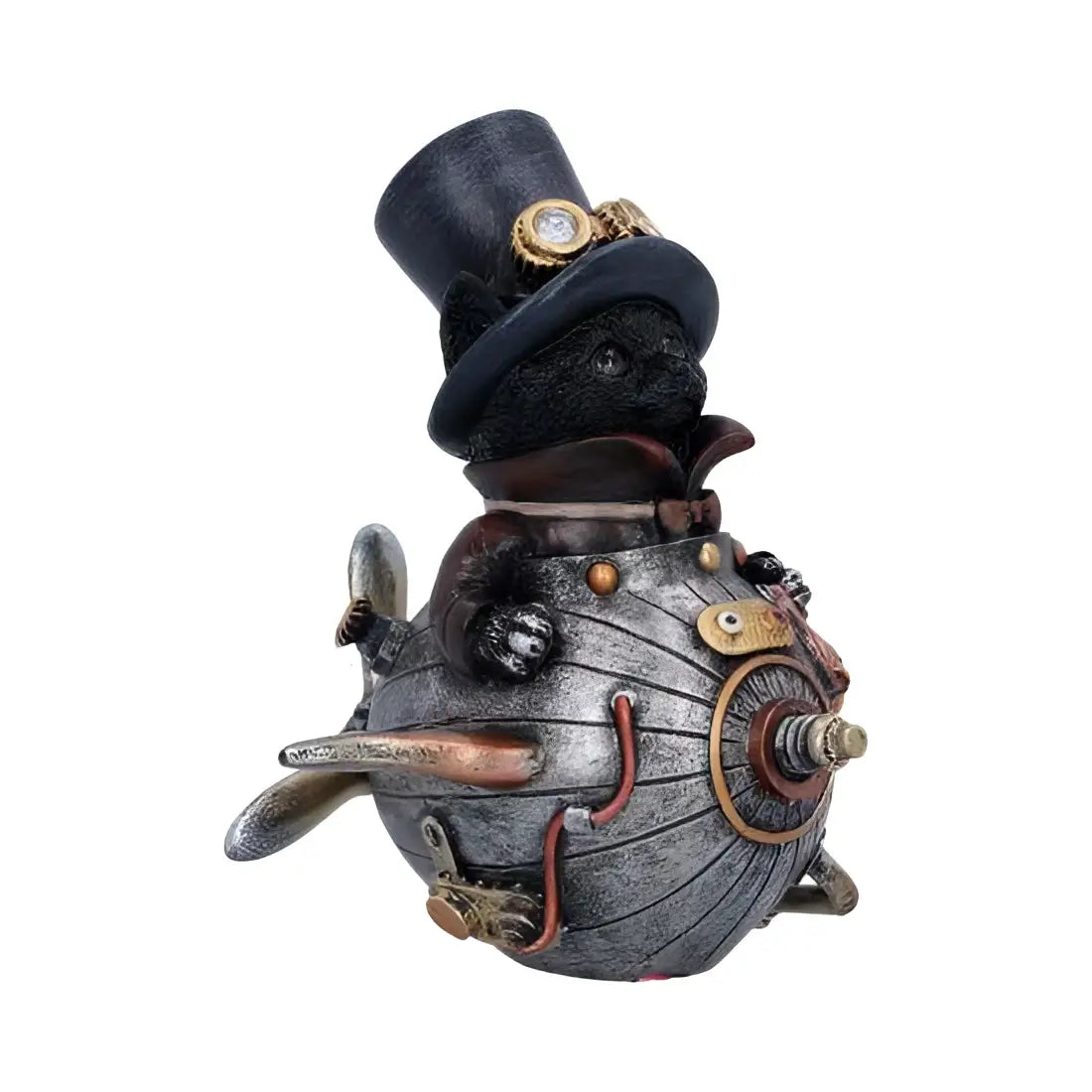 Steampunk kattfigur - svart katt i topp-hatt och mekanisk dräkt med kugghjul
