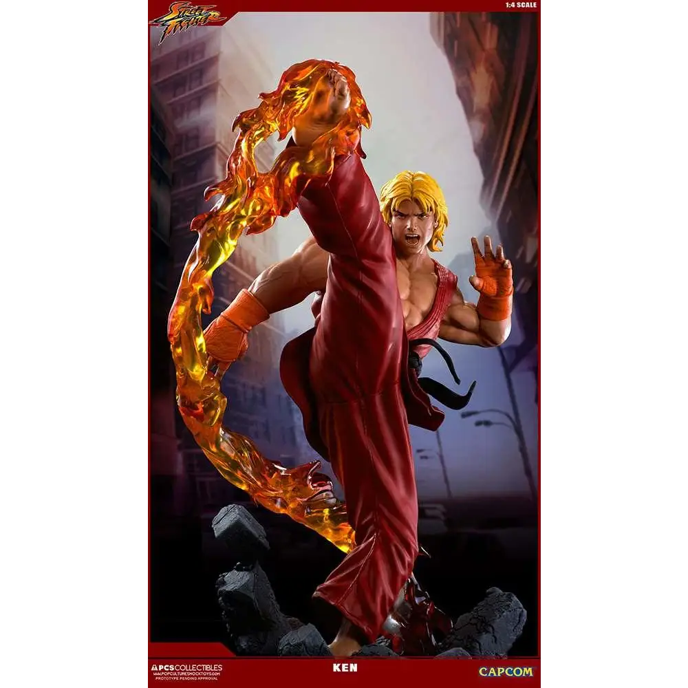 Röd och svart Ken-dräkt med orange lågeffekt, detaljerad Street Fighter 5-statue