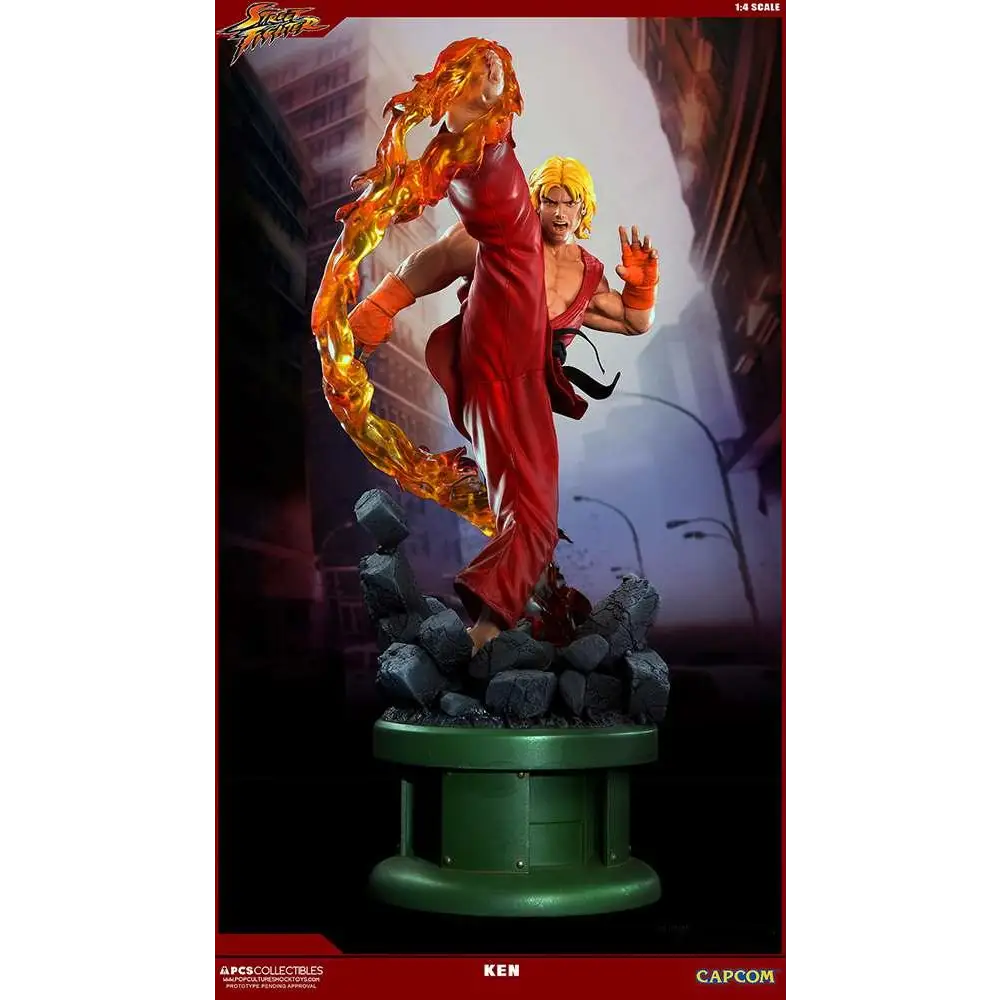 Ken från Street Fighter 5 sparkar med eldenergi i 1:4-statyn