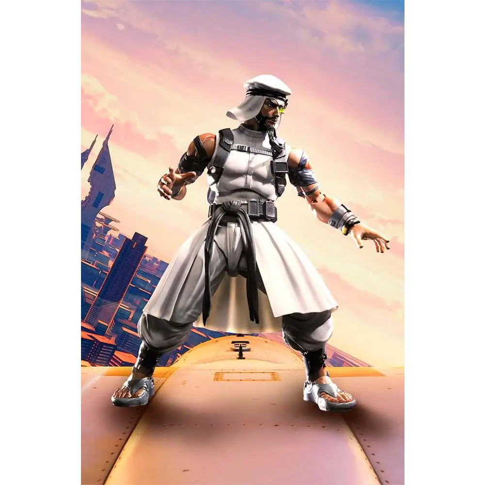 Styliserad Rashid-actionfigur från Street Fighter 5 i S.H.Figurarts, vit-svart taktisk utrustning med gulglödande ögon på futuristisk plattform