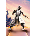 Styliserad Rashid-actionfigur från Street Fighter 5 i S.H.Figurarts, vit-svart taktisk utrustning med gulglödande ögon på futuristisk plattform