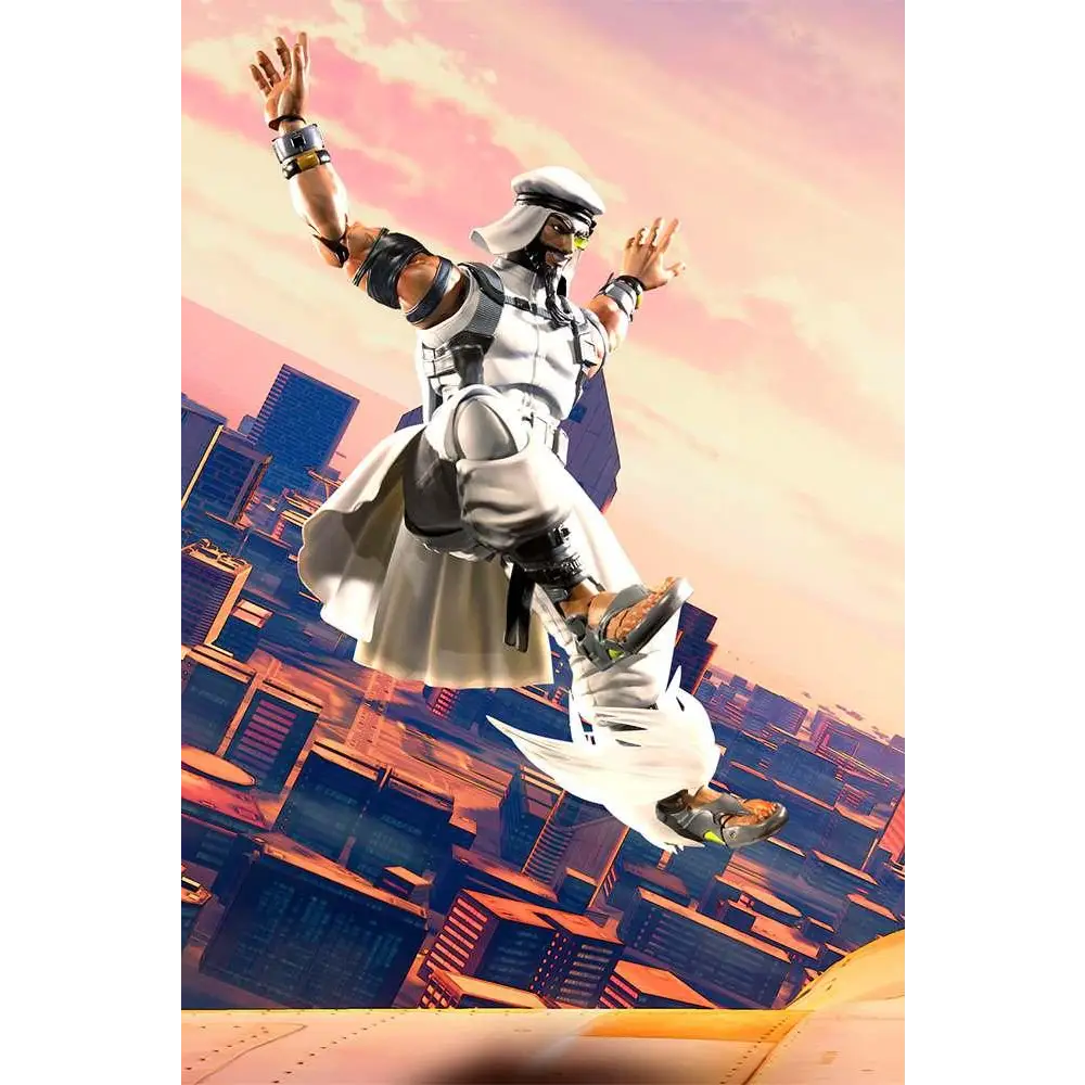 Rashid från Street Fighter 5 i S.H.Figuarts, vit-svart rustad figur med mantel, huvudduk och glasögon