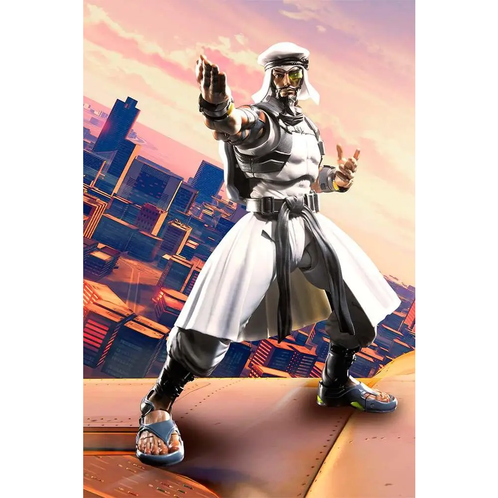 Street Fighter 5 Rashid S.H.Figurarts actionfigur med muskulös man i vit-svart klädsel, gröna glasögon och blå-sulade sandaler