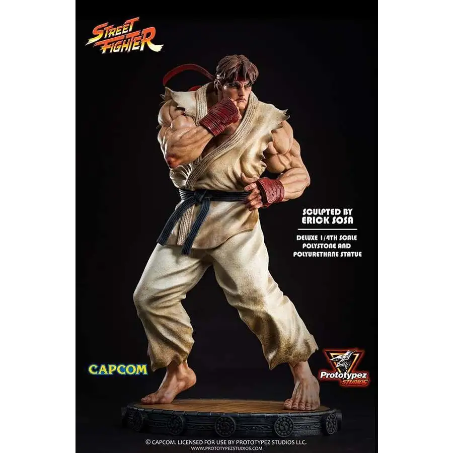 Muskulös, solbränd Ryu Street Fighter-staty 1/4 med röda handledsskydd och svart bälte