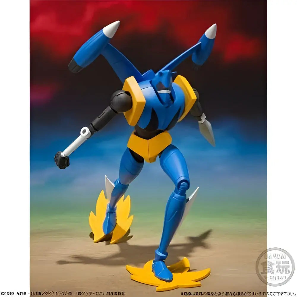 Blå och gul robotfigur med vita spetsar på lemmar på gyllene bladbas, Super Minipla Getter Robo S.3 Set (3)