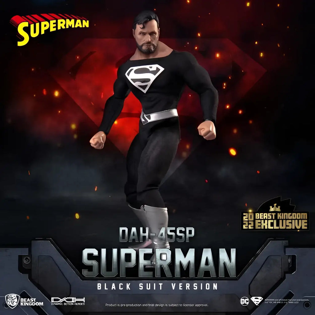 Svart dräktad Superman actionfigur med silverbälte och stövlar, ikonisk S-emblem, DAH-045SP från Beast Kingdom