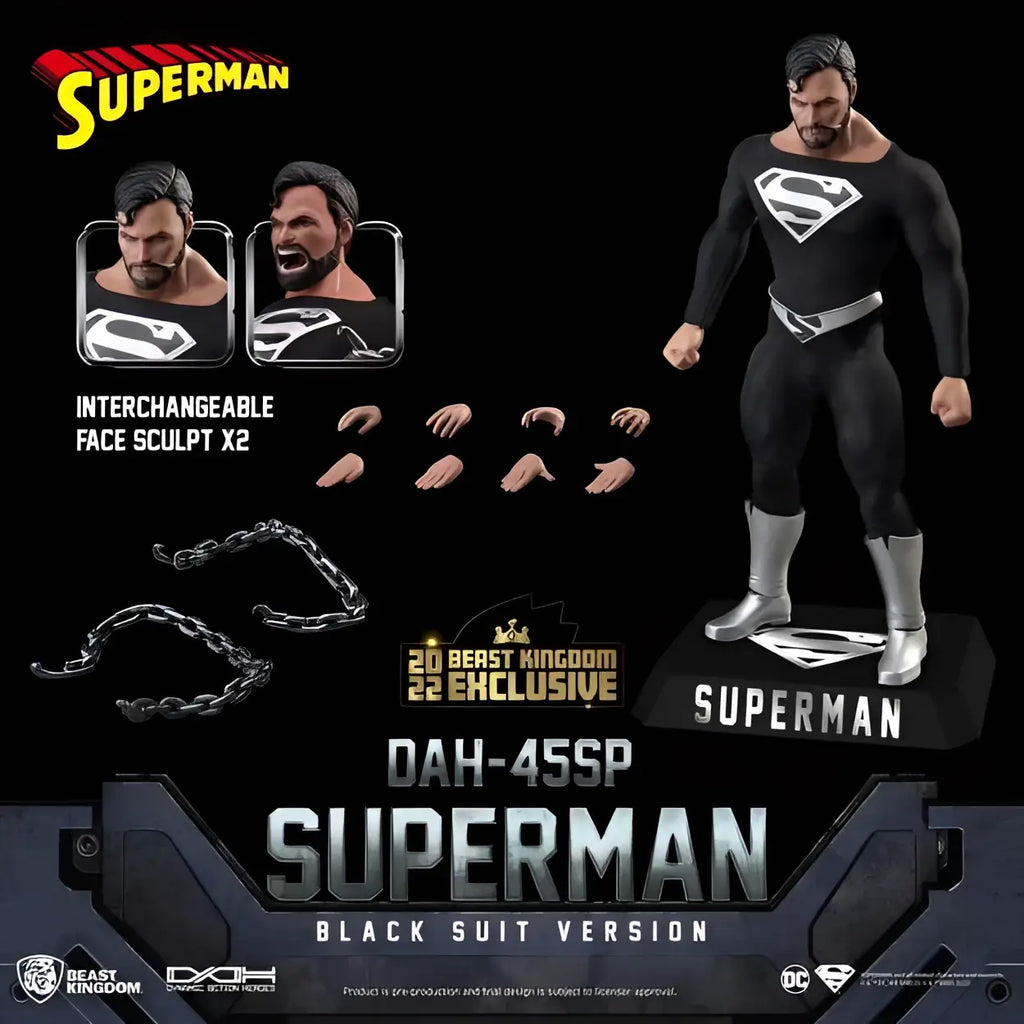 Svart Superman DAH-045SP actionfigur från Beast Kingdom i svart dräkt med silverdetaljer och S-emblem