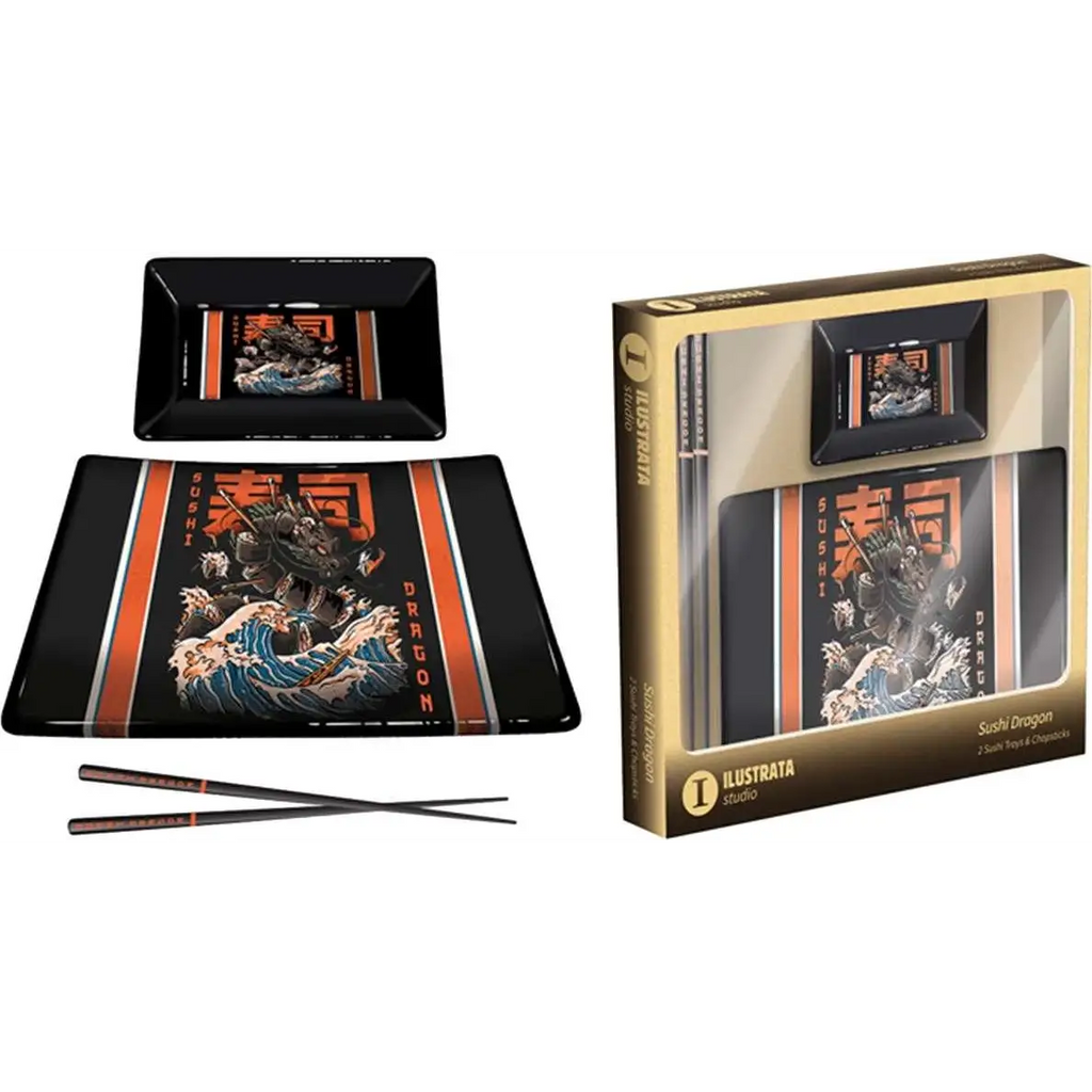 Svart keramisk sushi-set med orange och vita accenter, drakdesign i traditionell japansk konststil