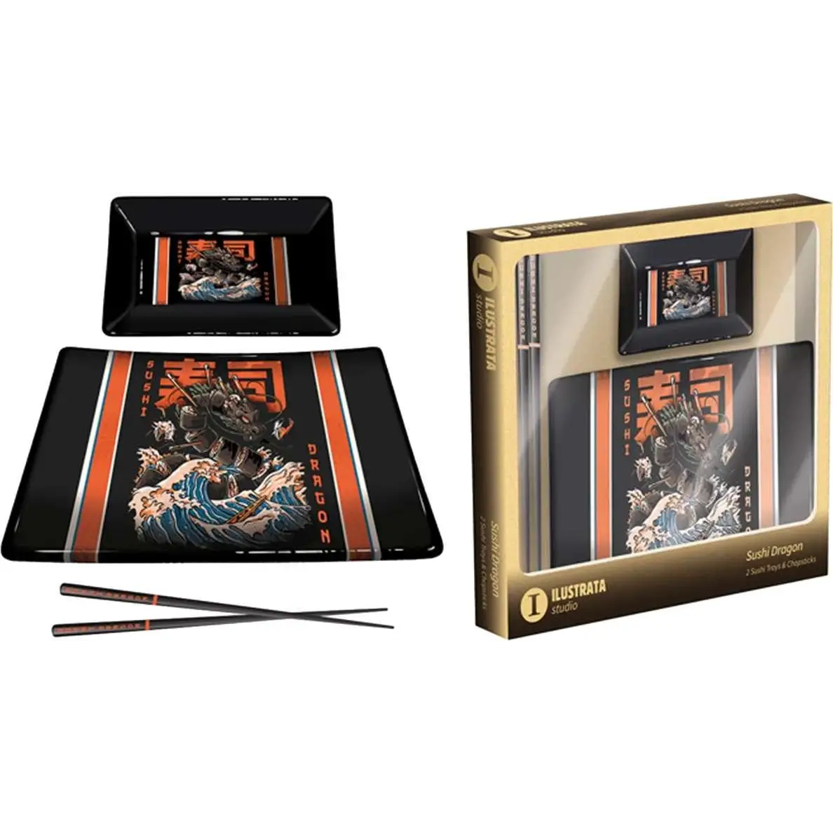 Svart keramisk sushi-set med orange och vita accenter, drakdesign i traditionell japansk konststil