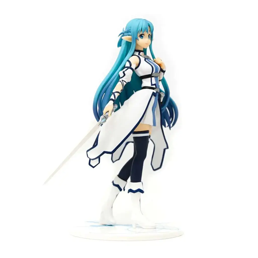 Blåhårig alv-tjej-figur med vit-blå rustning och svärd, Asuna Vit Klänning-staty från Sword Art Online