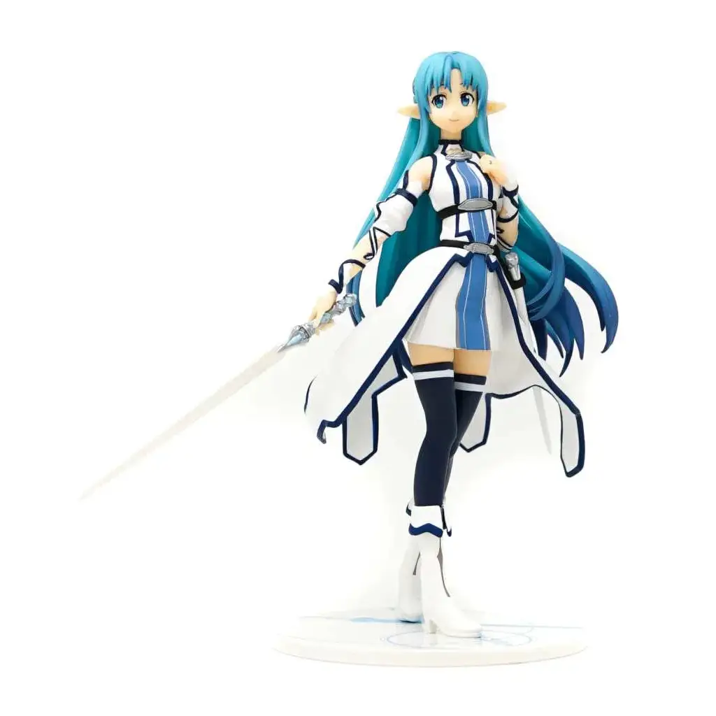 Blåhårig alv-tjej-figur i vit och blå klänning med svärd på rund bas, Asuna Vit Klänning Staty