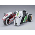 Vit futuristisk motorcykelmodell i vitt, rött och grönt med aerodynamisk design och detaljerad panelering från T e b 2 Double Chaser Option Parts Set