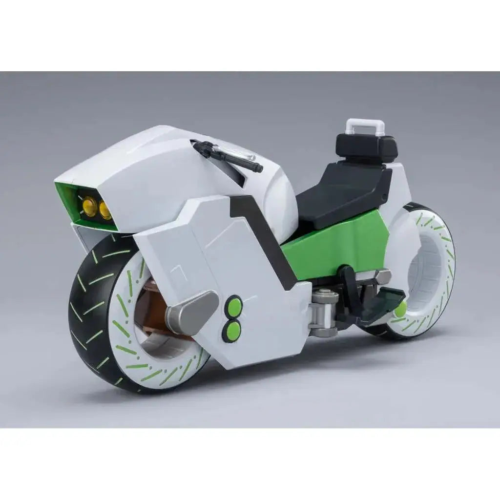 Vit futuristisk motorcykelmodell i vitt och grönt med svarta accenter