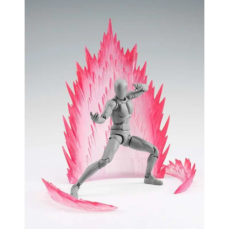 Grå ledad actionfigur med dynamisk pose, genomskinliga rosa energi-vingar och svansdel från Tamashii Effect Energi Aura Röd