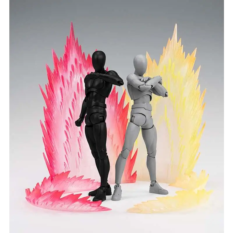 Svarta och grå figurer med korsade armar mot rosa och gul flammande bakgrund i Tamashii Effect Energi Aura Röd