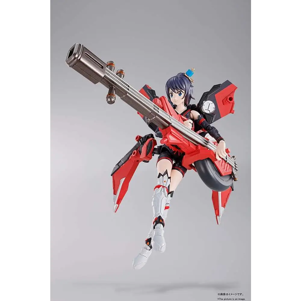 Röd och svart pansrad figur med silvervapen, vita stövlar och klocka på axeln i Tamashii Girl Aoi S.H.Figuarts