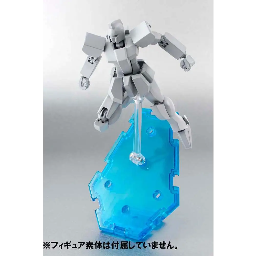 Grå plast Gundam-modell på genomskinlig blå Tamashii Stage Act Combin Clear Blue-stativ
