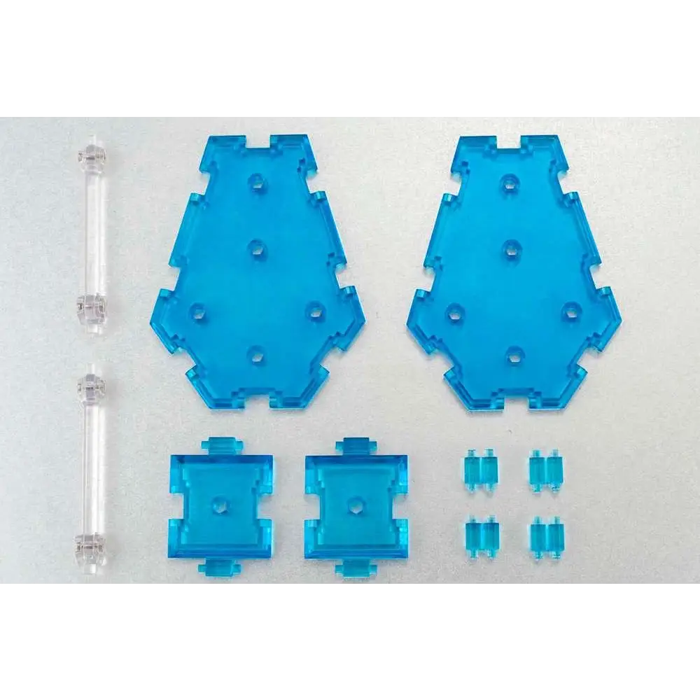 Två genomskinliga blå Tamashii Stage Act Combin Clear Blue basplattor med geometrisk design och monterings hål