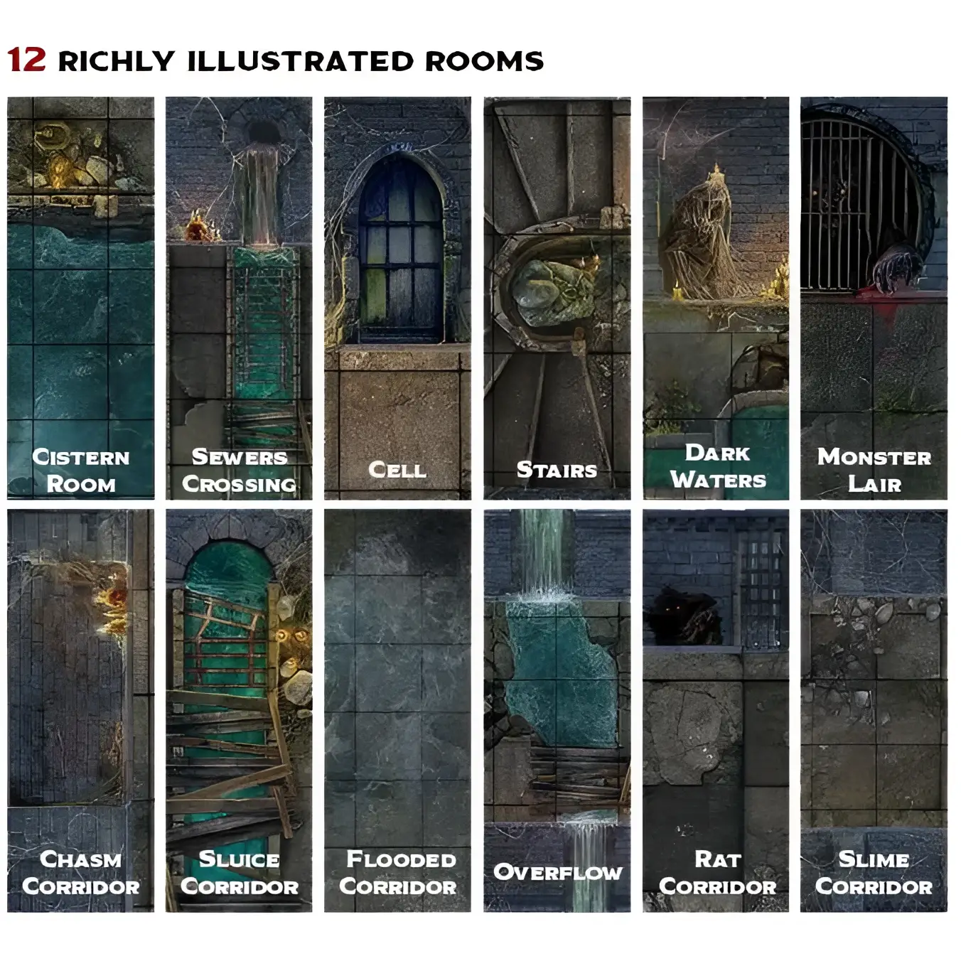 Tolv illustrerade rumstiles från Tenfold Dungeon - Dungeons & Sewers, med mörka sten- och avloppsmiljöer