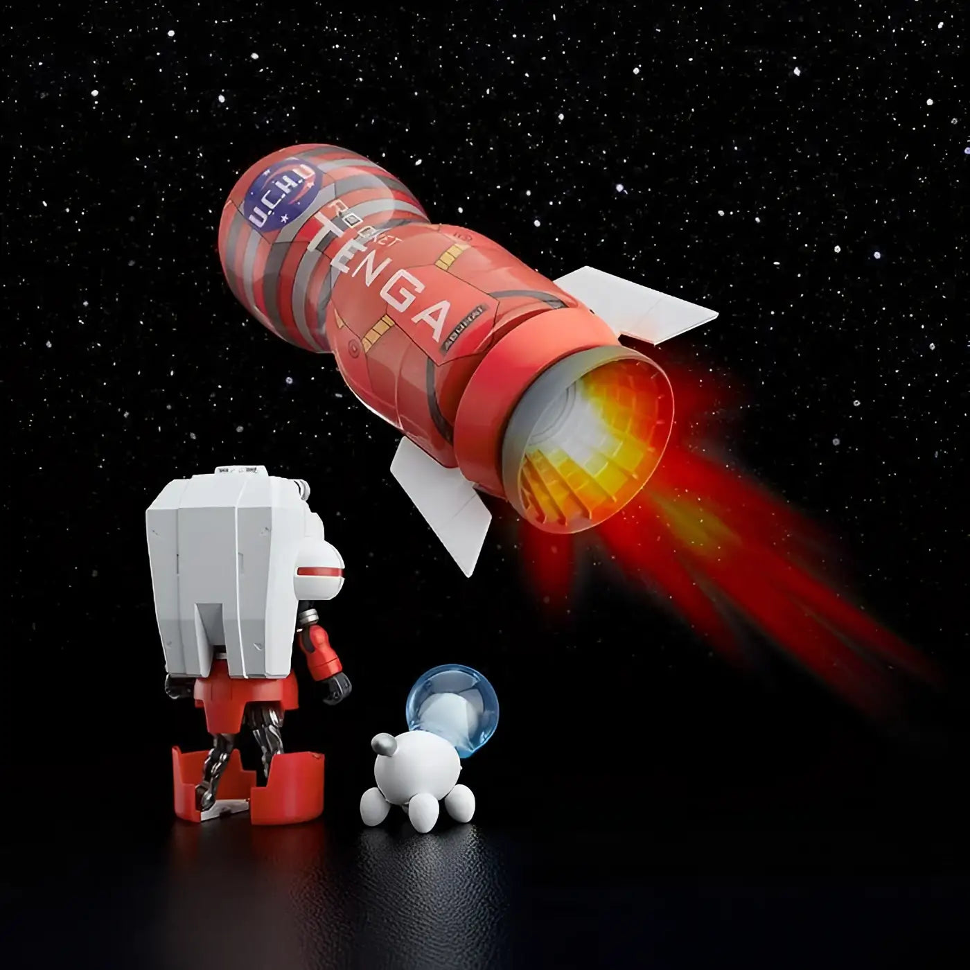 Röd och silver TENGA Robo DX Rocket Mission Set med vita fenor, orange glödande avgas och UCLA-logo
