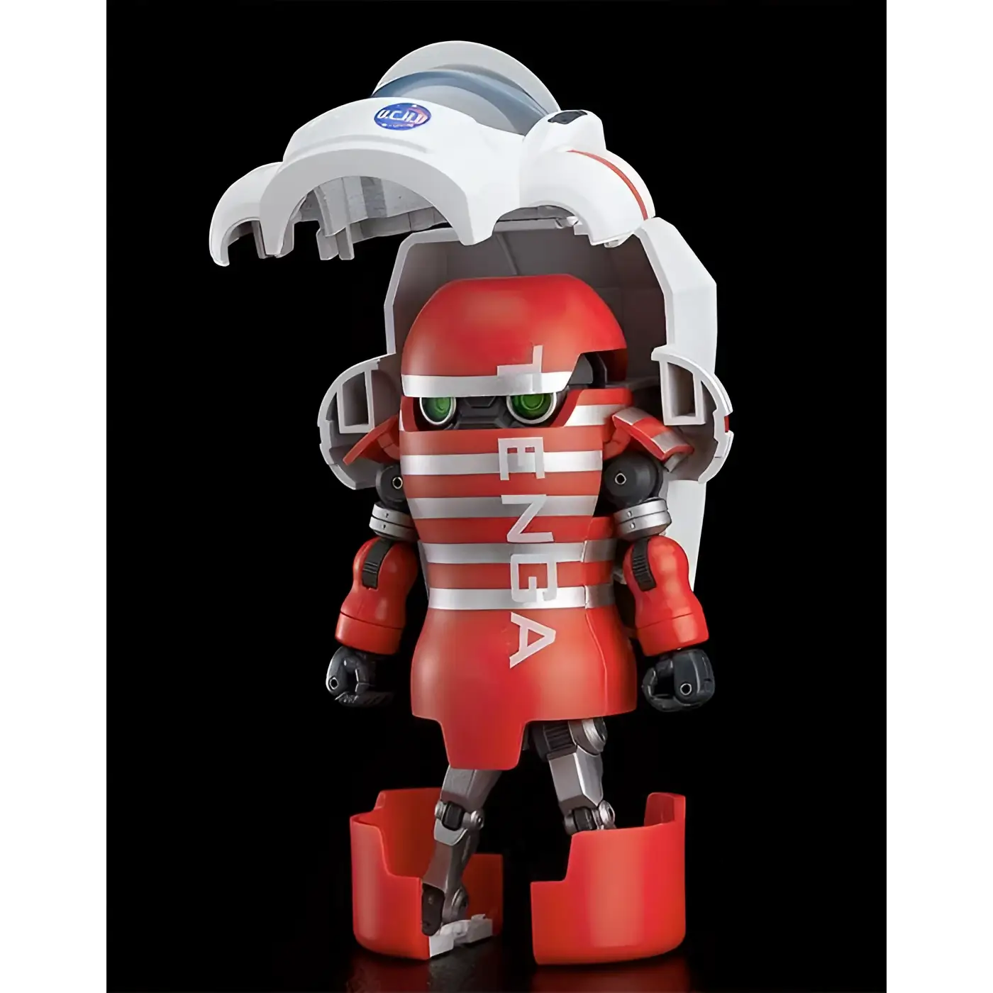 Röd och vit Enea-robotfigur med gröna ögon i TENGA Robo DX Rocket Mission Set