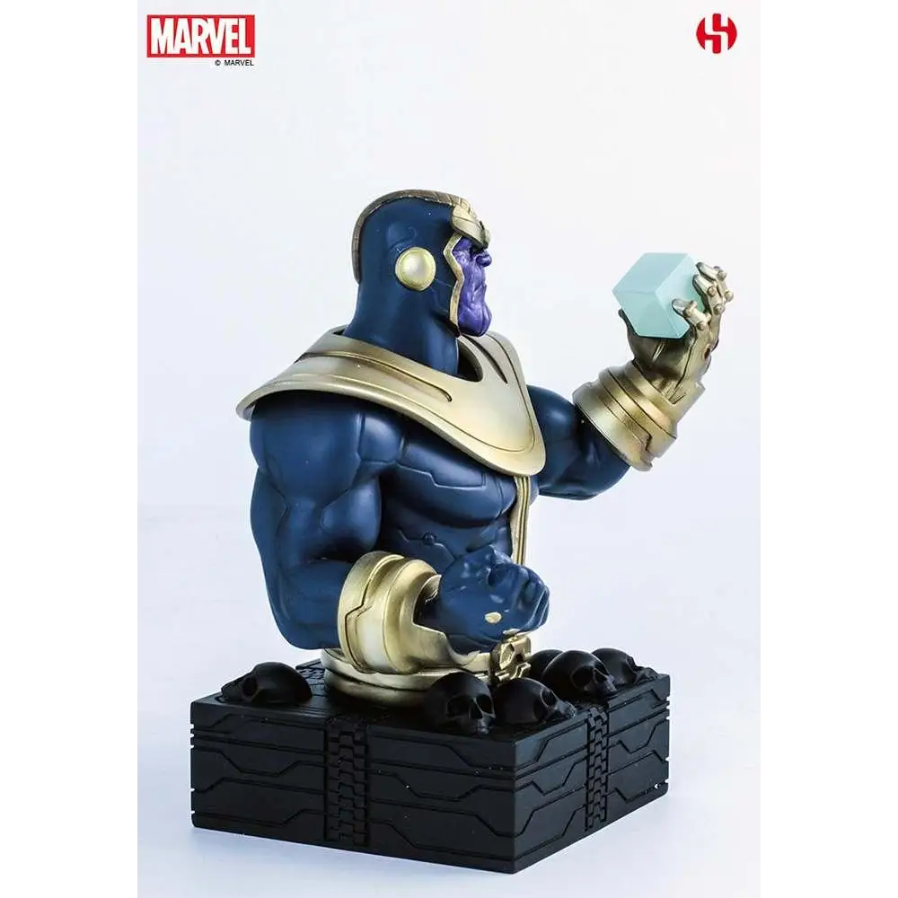 Blå och gul Thanos-byst med ljusblå infinitysten på svart bas med dödskalle, Marvel-samling