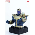 Blå och gul Thanos-byst-figur med sex infinitystenar på handsken på svart bas