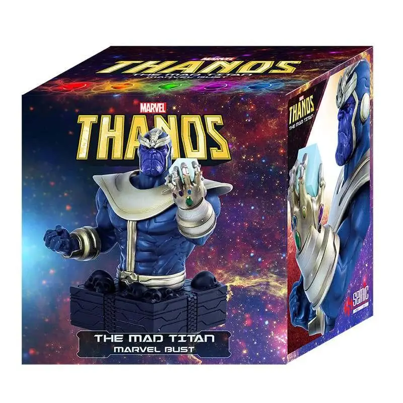 Blå och silver Thanos-byst med Infinity Gauntlet i Marvel-låda