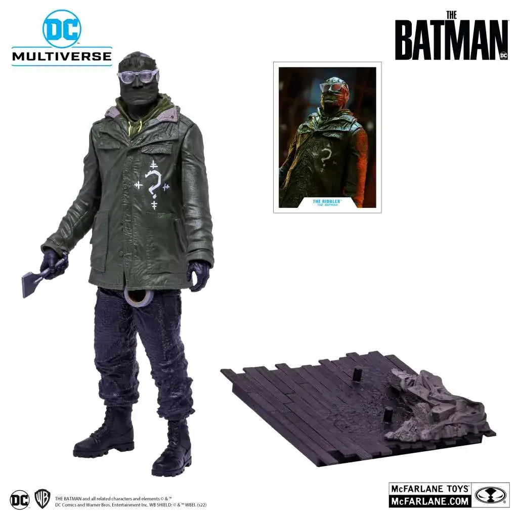Riddler-actionfigur från The Batman i grön jacka med frågetecken, 12 tum poserad staty