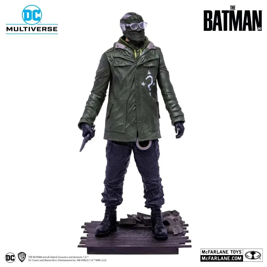 Grön läderjackad Batman Riddler actionfigur med mask och glasögon, 12 tum poserad staty