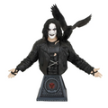 Svart läderjackad byst av Eric Draven från The Crow med vit ansiktsmålning, svart hår och kråka på axeln. 1/6-skala