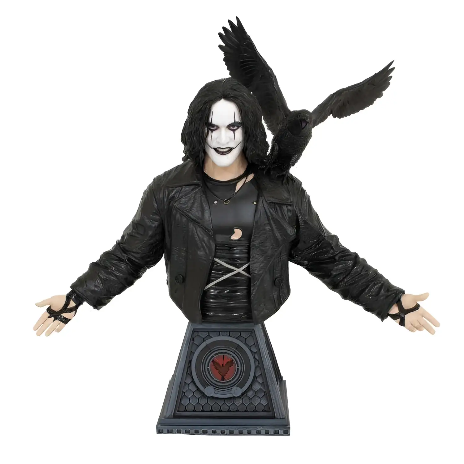 Svart läderjackad byst av Eric Draven från The Crow med vit ansiktsmålning, svart hår och kråka på axeln. 1/6-skala