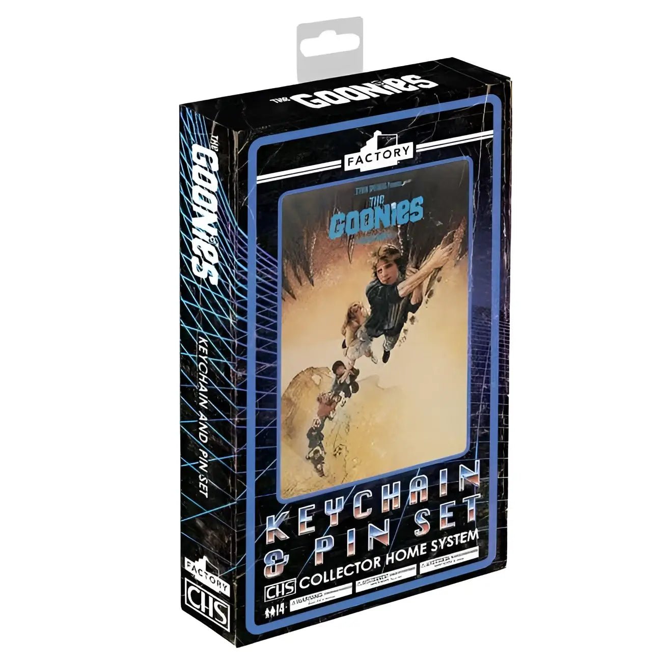 Goonies CHS nyckelring och pin set i svart box med blå accenter och karaktärsmotiv