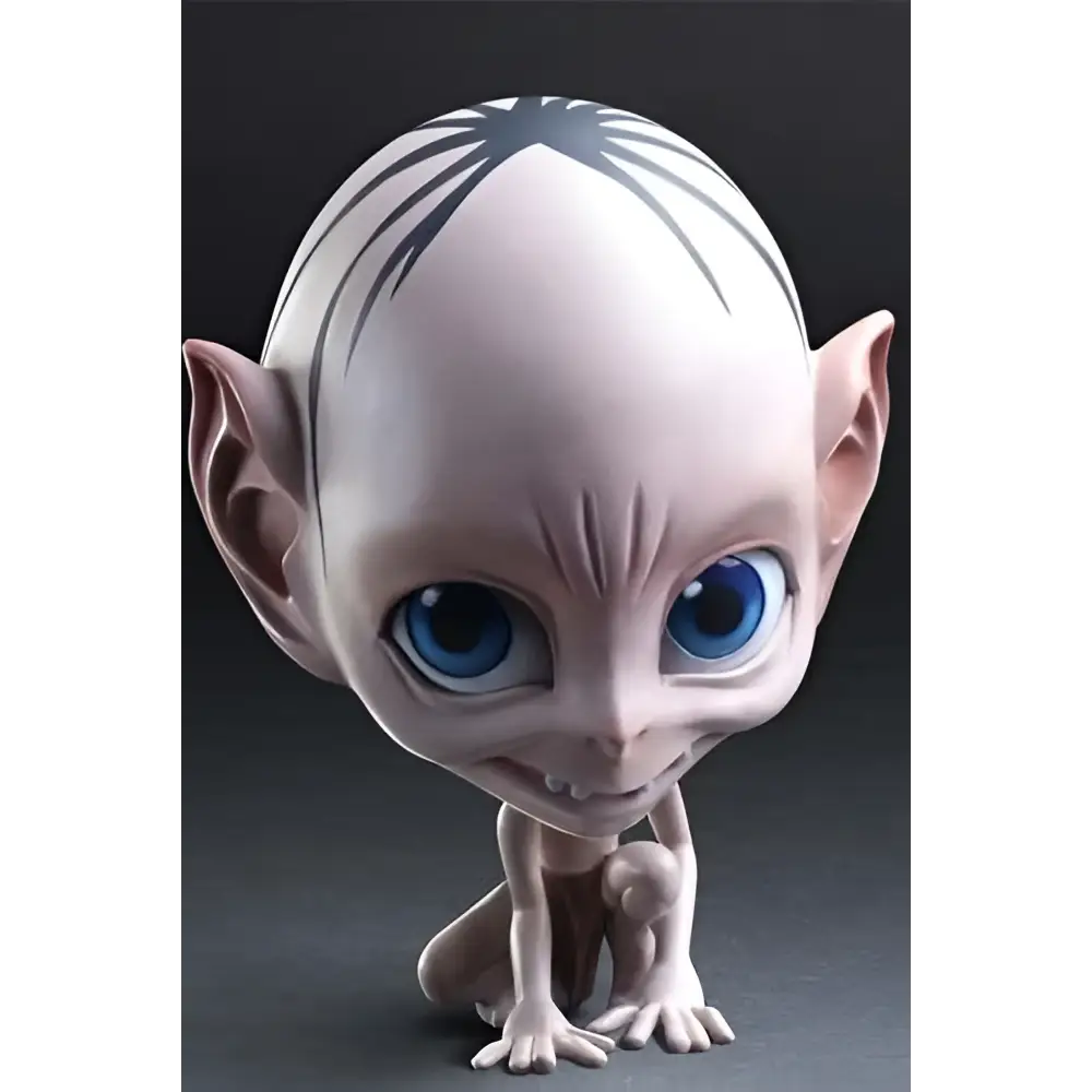 Pale chibi Gollum-figurin från The Hobbit, liten skallig varelse med spetsiga öron och blå ögon
