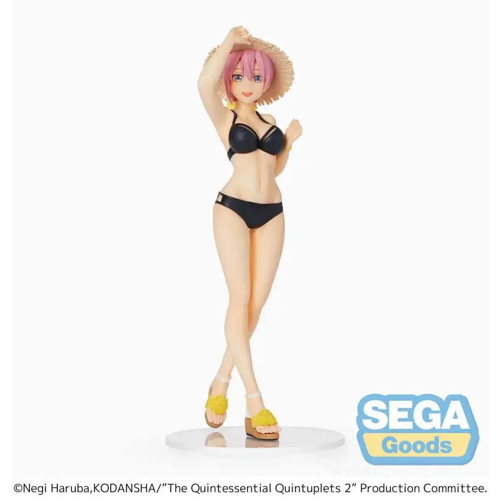 Rosa Ichika Nakano animefigurin i svart bikini och halmhatt på klar bas