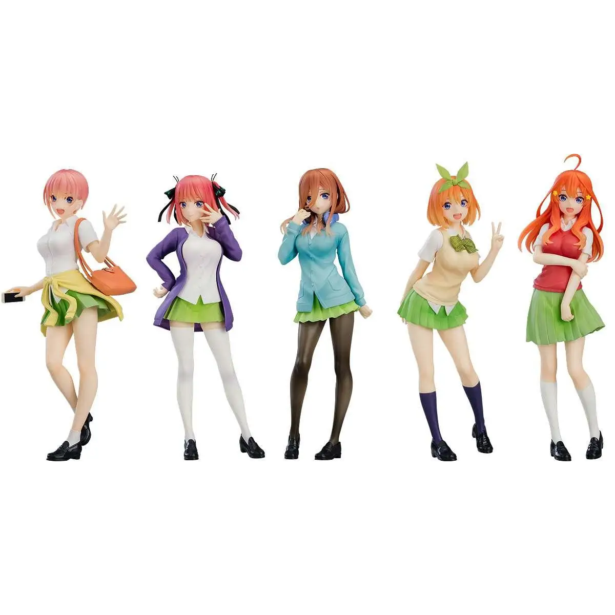 Fem anime-figurer i stil av The Quintessential Quintuplets Movie Pup Set, tjejer i färgglada kläder med olika hårfärger och poser