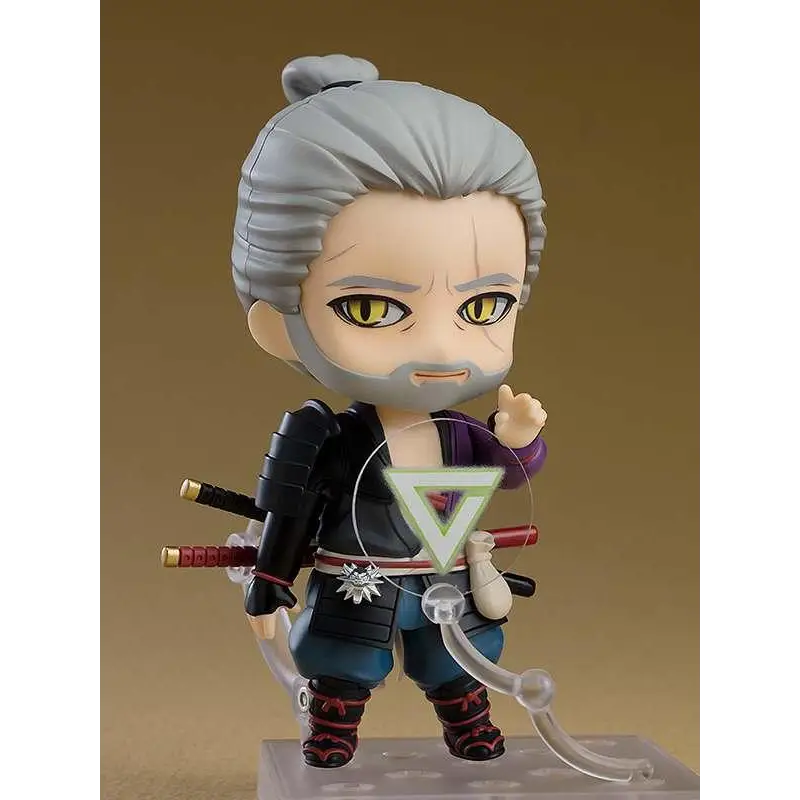 Gråhårig chibi-figur av Ronin Geralt från The Witcher 3 i svart-lila rustning