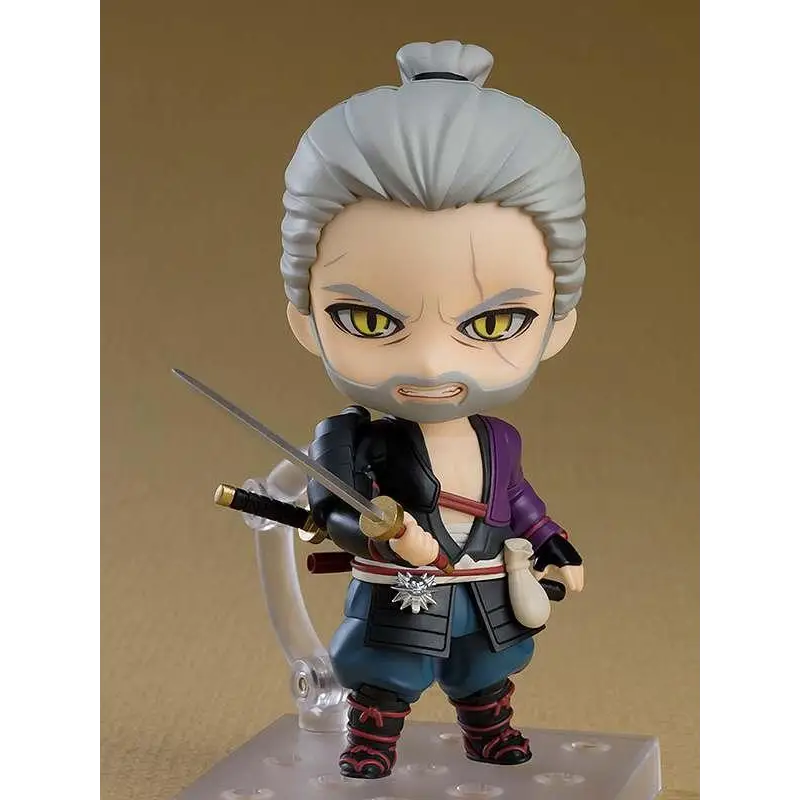 Chibi Geralt ronin Nendoroid från The Witcher, med grå hårtofs, gula ögon och lila rustning