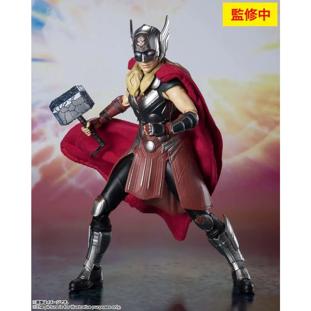 Thor Love and Thunder Mighty Thor SH Figuarts actionfigur i svart och röd rustning med röd mantel och hammare
