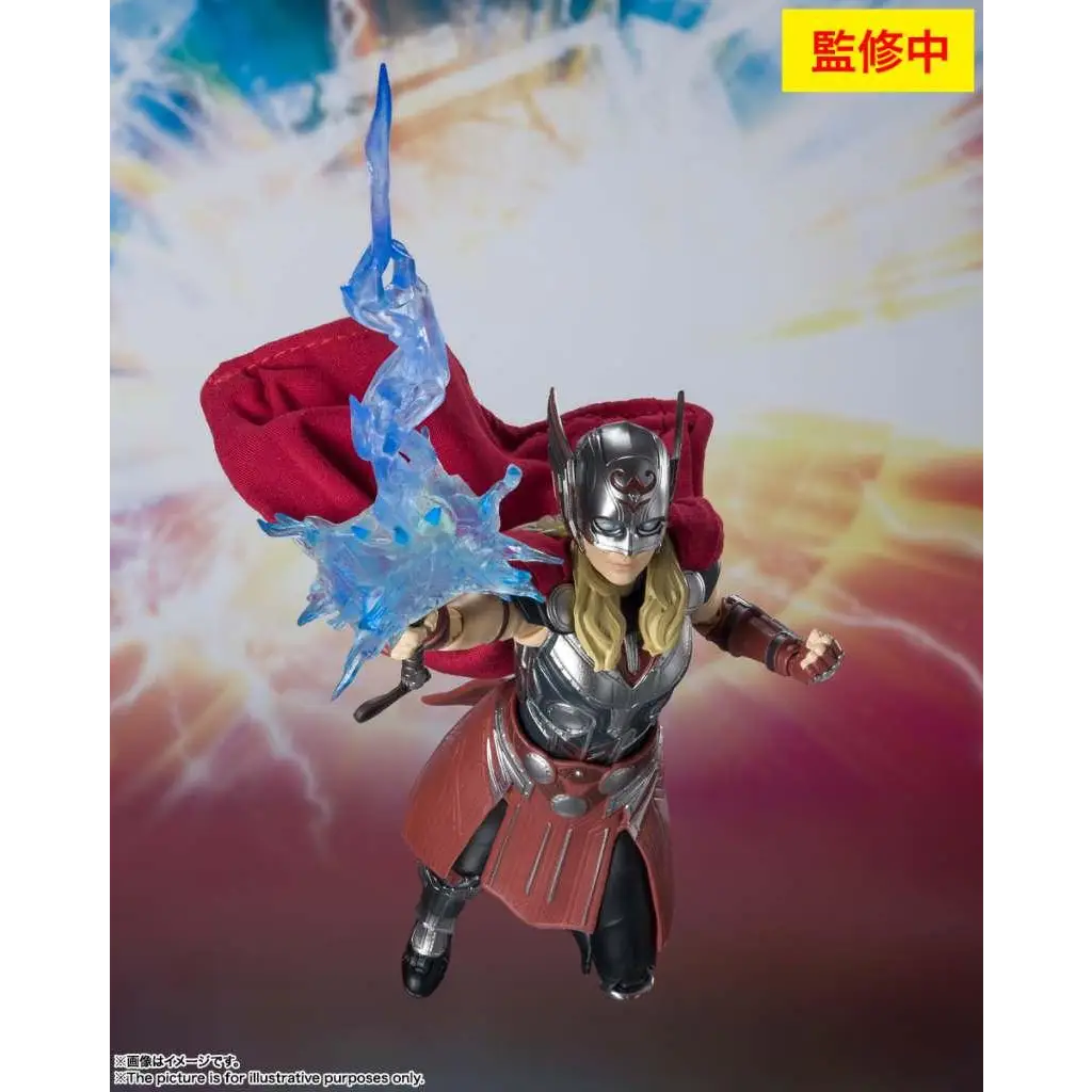 Thor Love and Thunder Mighty Thor SH Figuarts actionfigur i silverrustning med röd mantel och blå Mjolnir