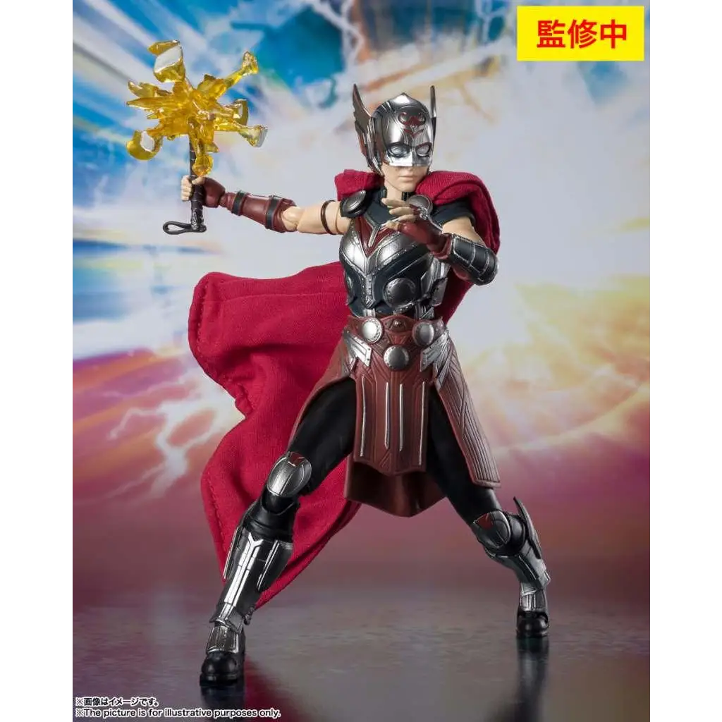 Thor actionfigur i silverröd rustning med röd mantel och hammare från Mighty Thor SH Figuarts
